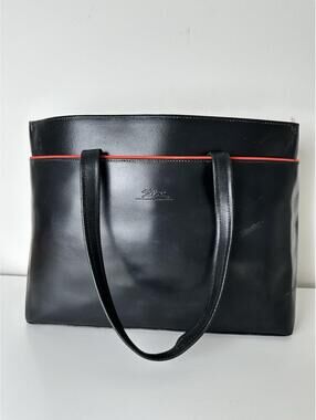 Vintage 90s Longchamp Black Leather Tote Red Trim Minimal Logo Shoulder Bag